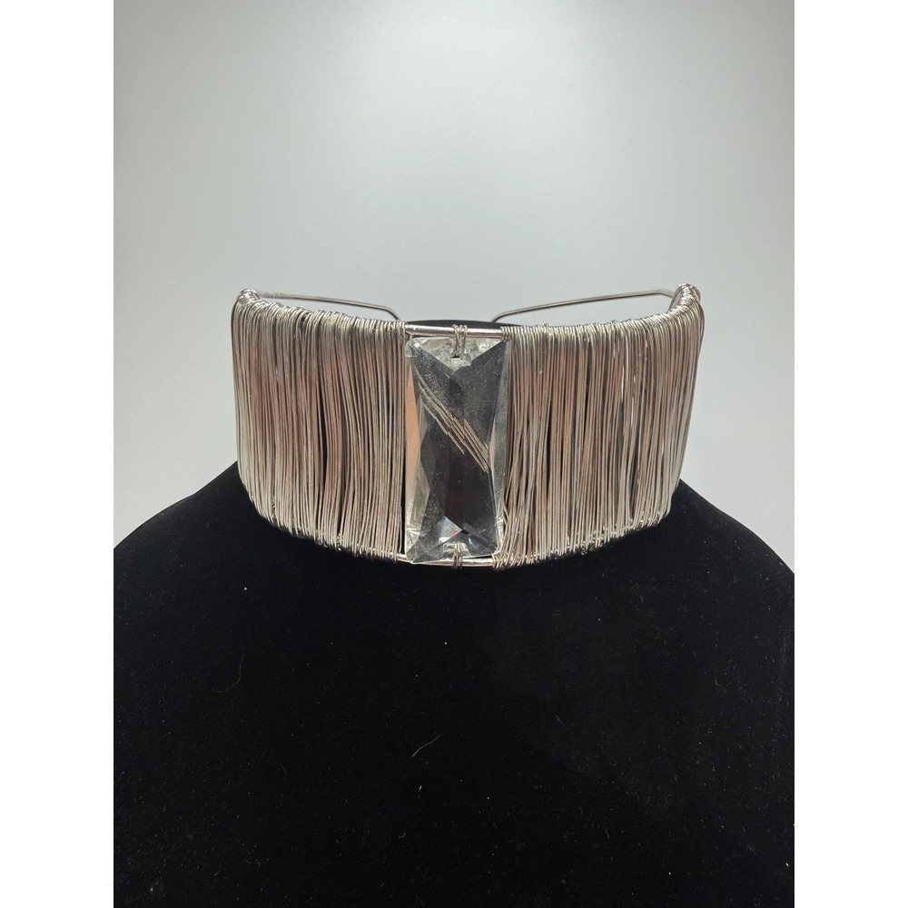 Silver Tone Wire Wrap Statement Choker Necklace with Large Clear Crystal Accent